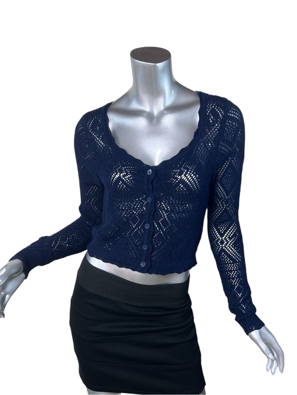 Freshman 1996 Open Knit Crochet Cardigan Crop Sweater Navy Blue Size XS / SMALL
